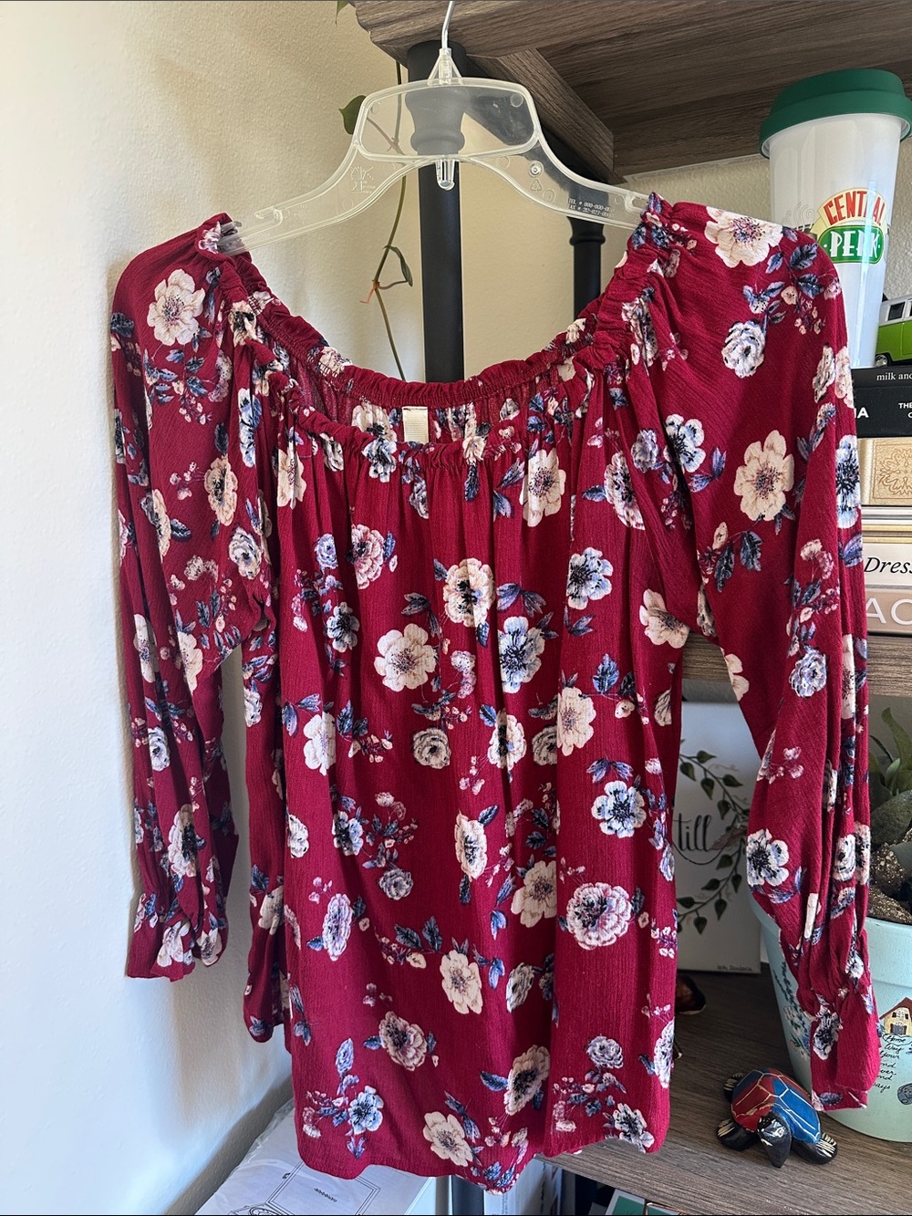 Peppermint Burgundy Floral Off-Shoulder Tunic